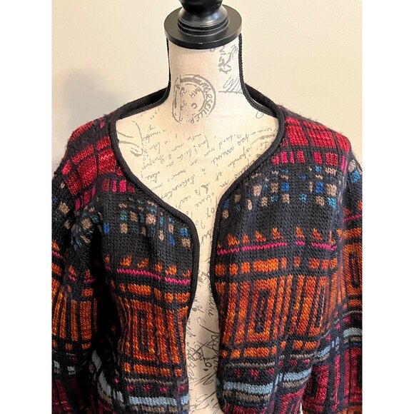 Peruvian Connection Cropped  Open Cardigan Sweater Wool Rainbow Stain Glass XL - Picture 2 of 9